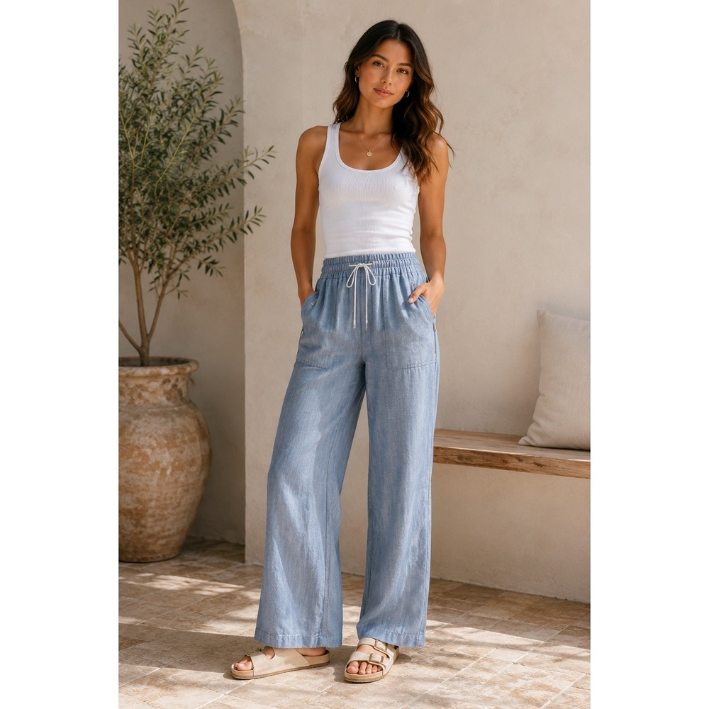 Athleta Cabo Linen Wide Leg Pants Sz 4 Blue 100% Linen Drawstring Elastic Waist